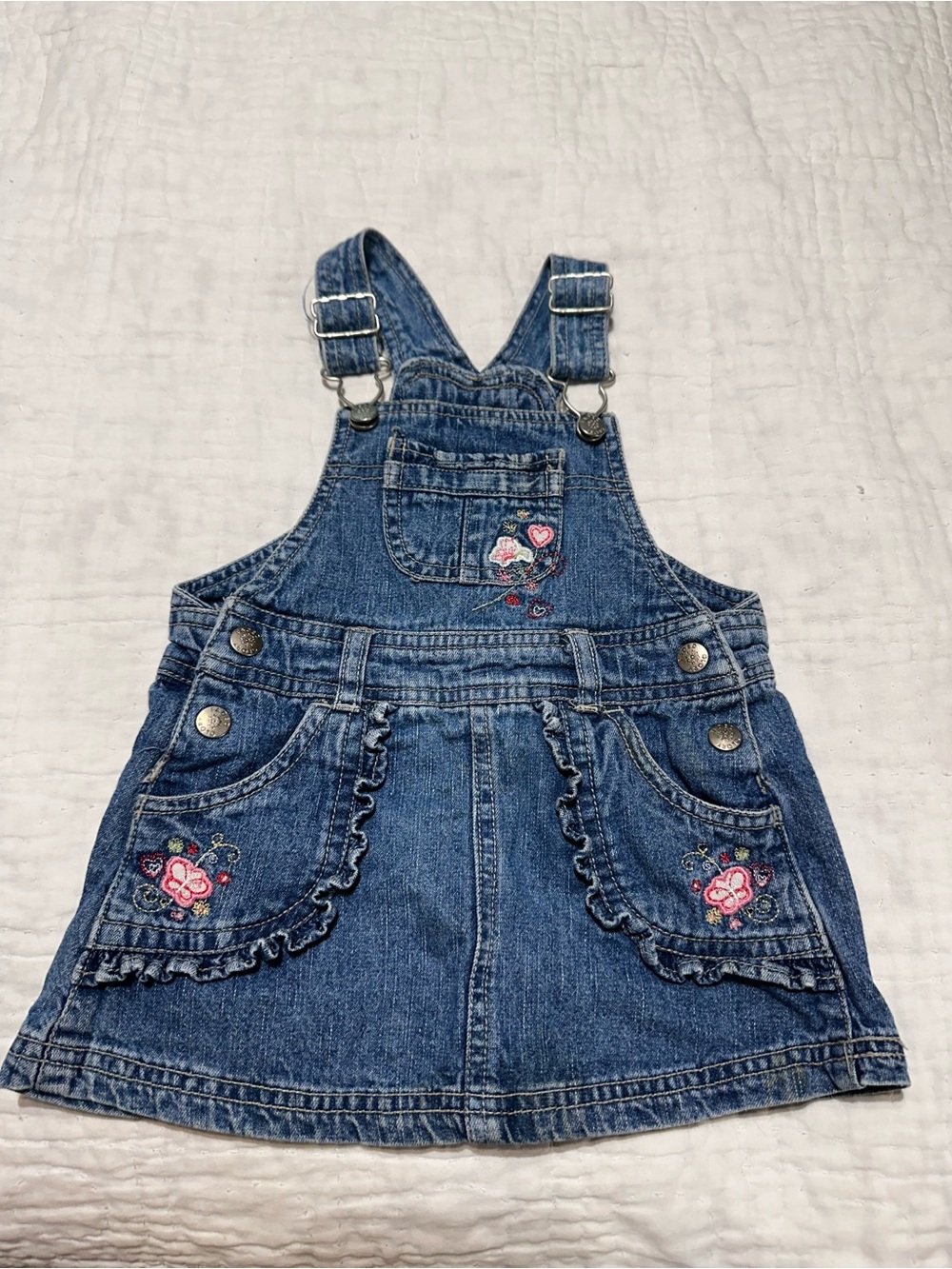 Vintage Faded Glory Blue Denim Girls' Embroidered Overall Dress